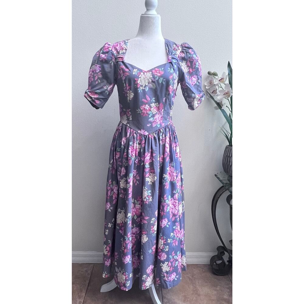 Laura Ashley Prairie Floral black Dress with Pink and Purple Accents Puff sleeve